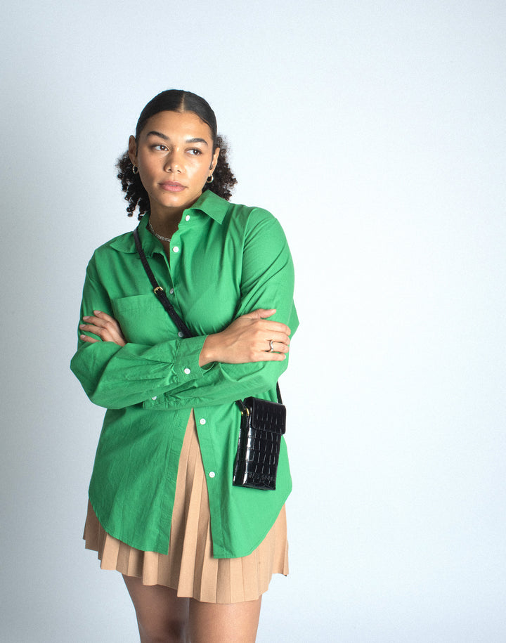 hyer goods recycled leather phone sling bag embossed black croc#color_black-croco