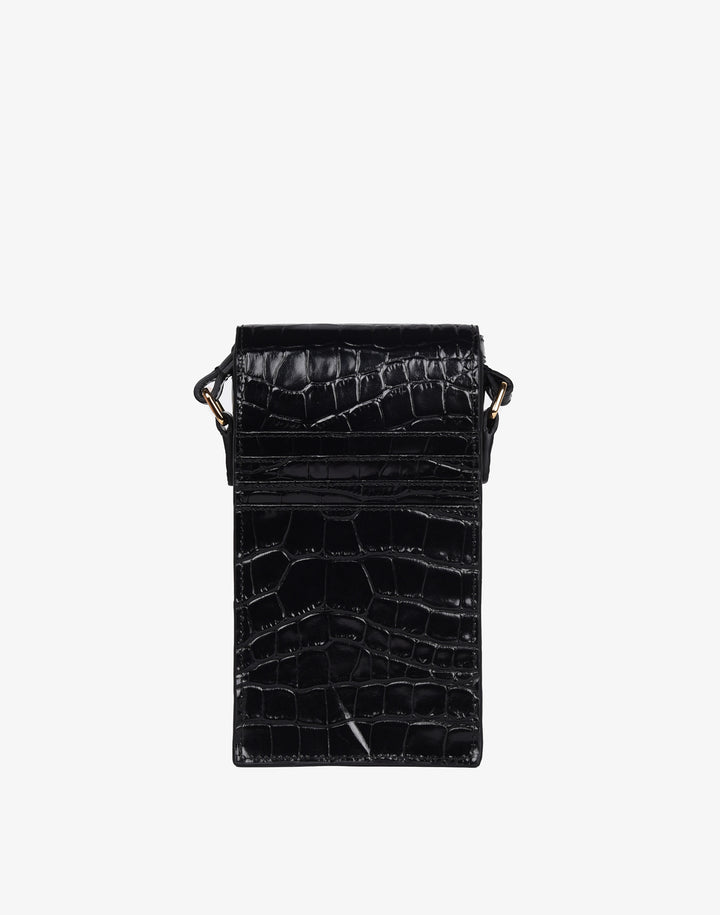 hyer goods recycled leather phone sling bag embossed black croc#color_black-croco