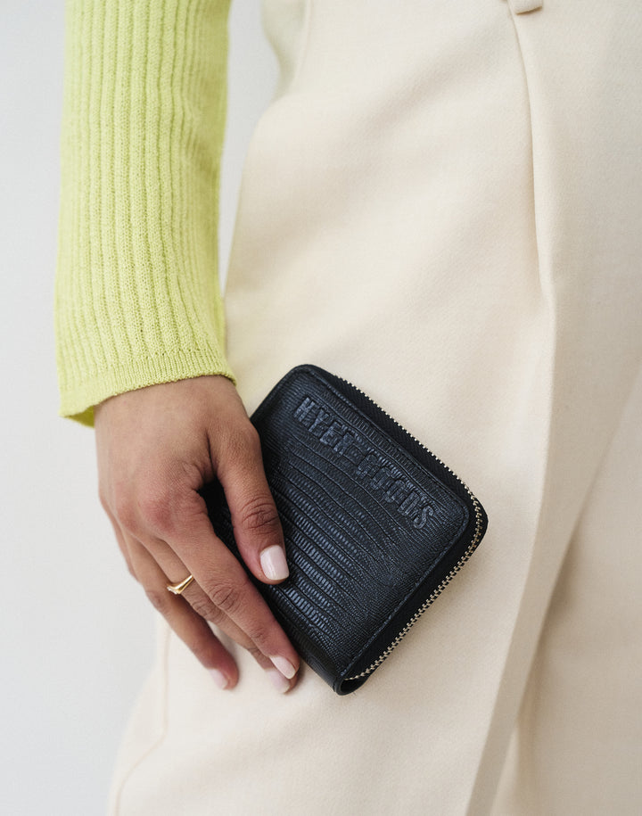 hyer goods recycled leather zip around wallet black embossed lizard#color_black-lizard