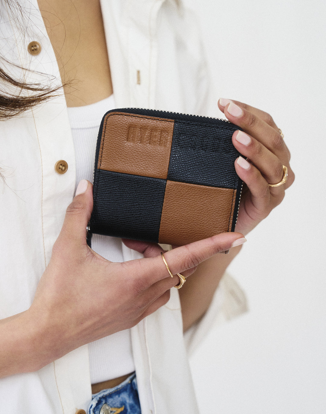 hyer goods recycled leather zip around wallet checkered colorblock#color_cognac-check