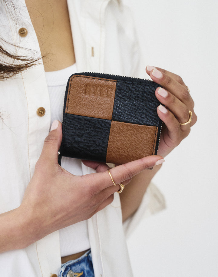 hyer goods recycled leather zip around wallet checkered colorblock#color_cognac-check