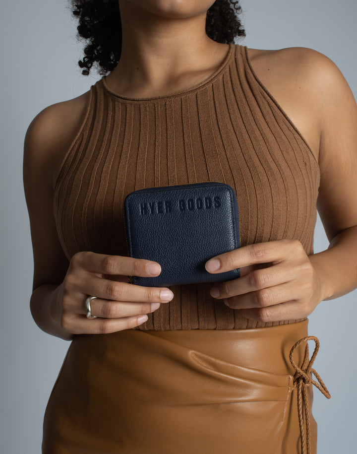 hyer goods recycled leather zip around wallet navy#color_navy