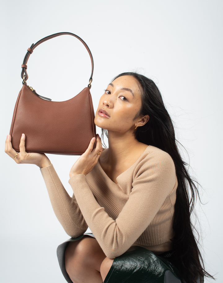 recycled genuine leather everyday shoulder bag tan brown#color_saddle-brown