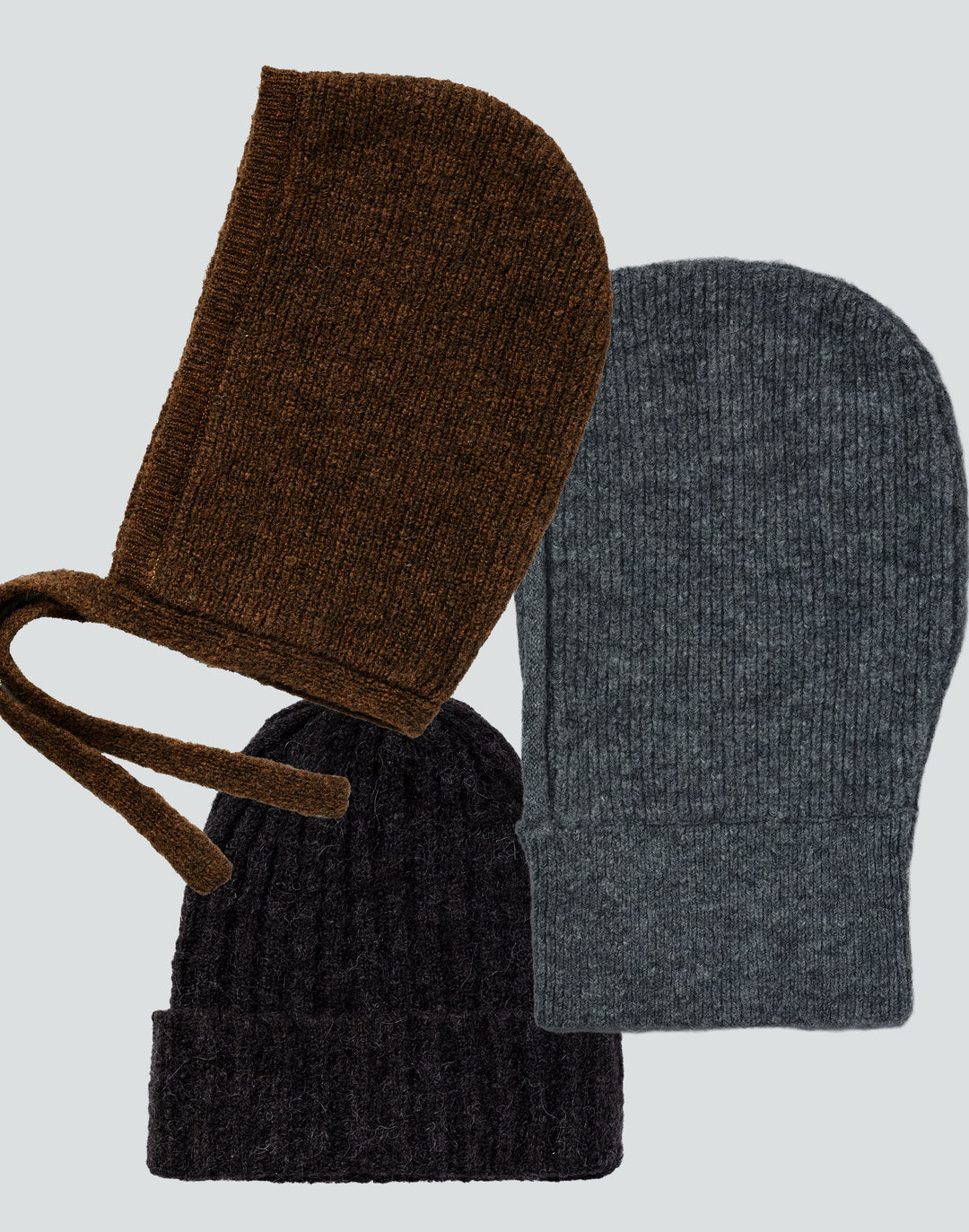 Hyer Goods alpaca beanie balaclava bundle in brown, charcoal and black, Italian deadstock yarn; ribbed knit