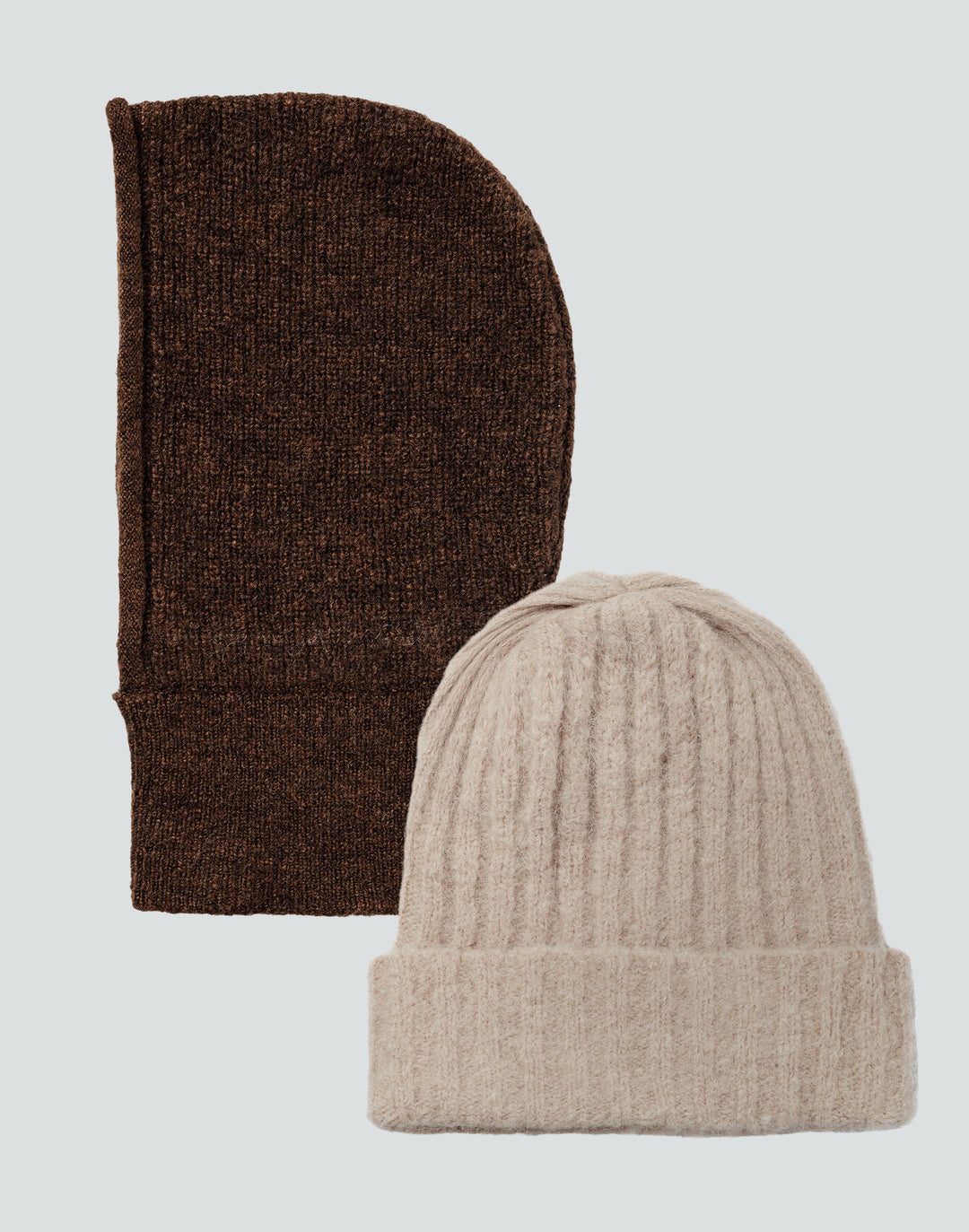 Hyer Goods beanie balaclava bundle in brown and oatmeal, Italian deadstock yarn; ribbed knit