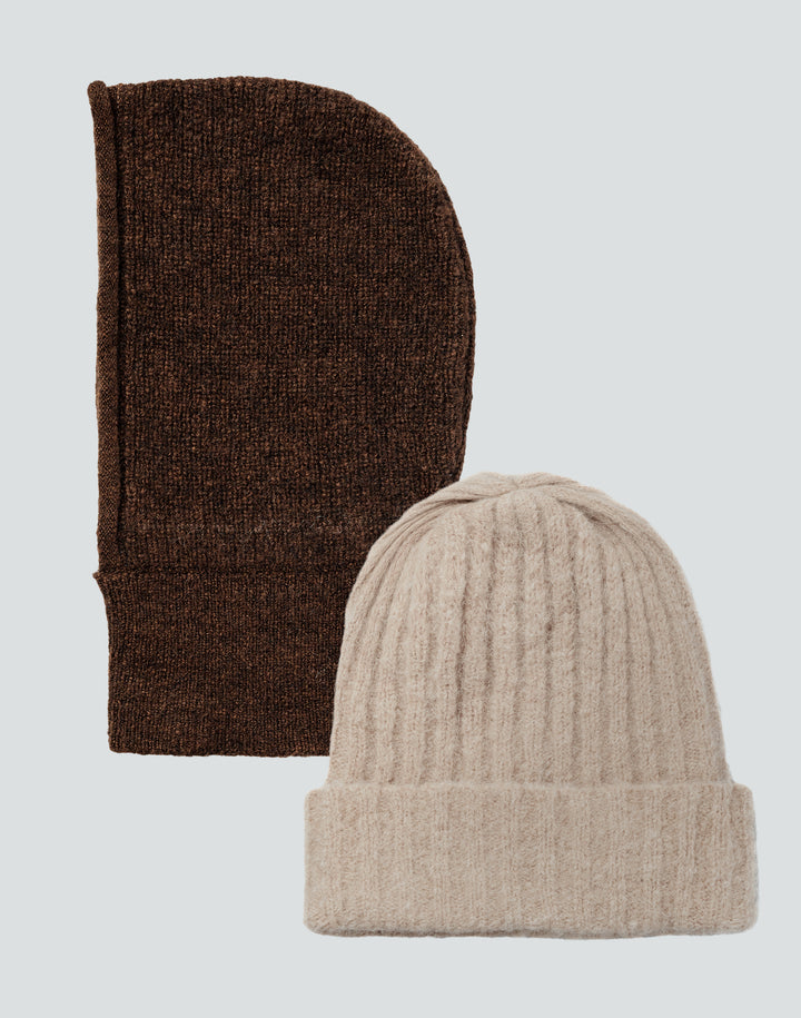 Hyer Goods beanie balaclava bundle in brown and oatmeal, Italian deadstock yarn; ribbed knit