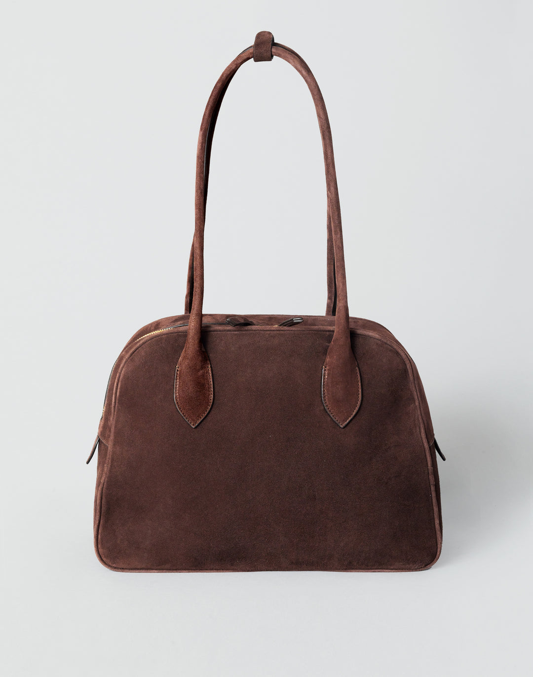 hyer goods autostrada suede leather zip top bowling tote  bag#color_chocolate-suede