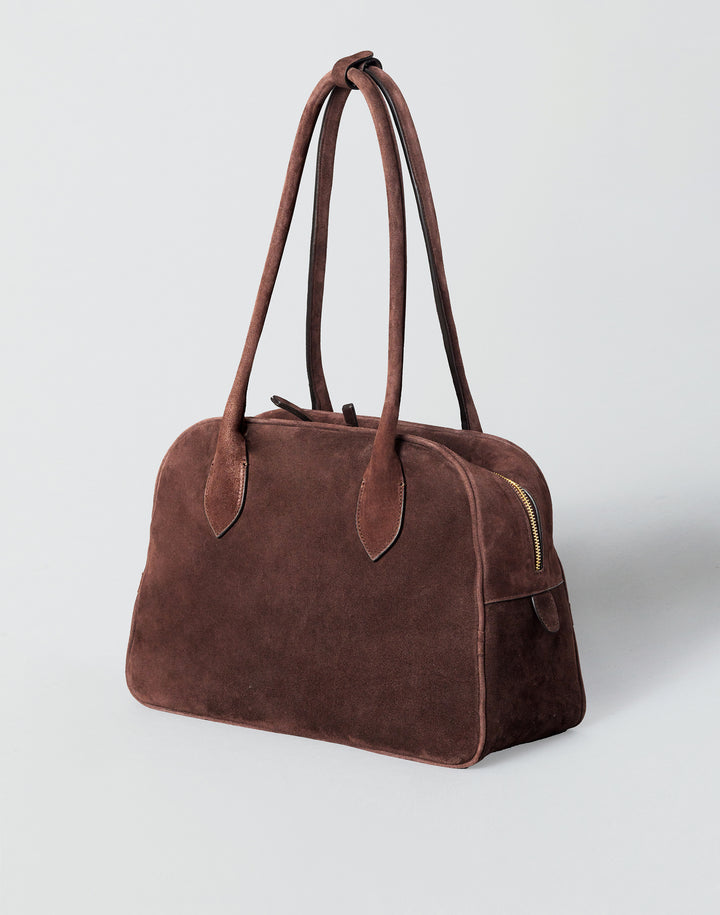 hyer goods autostrada suede leather zip top bowling tote  bag#color_chocolate-suede