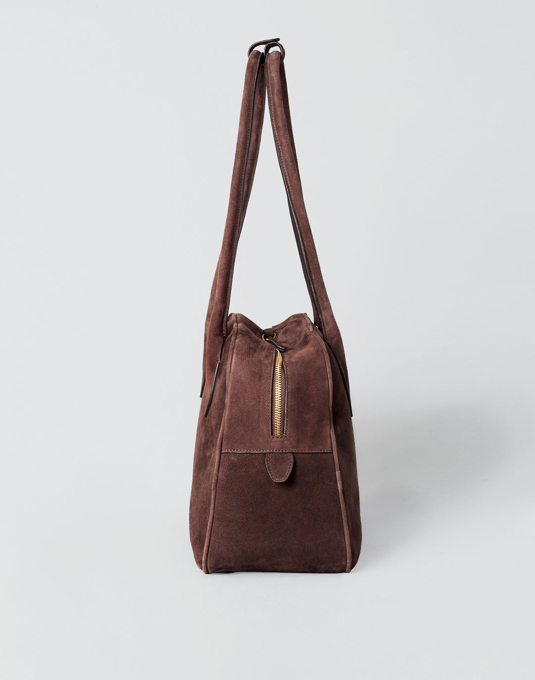 hyer goods autostrada suede leather zip top bowling tote  bag#color_chocolate-suede