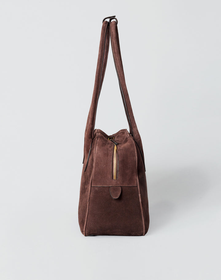 hyer goods autostrada suede leather zip top bowling tote  bag#color_chocolate-suede