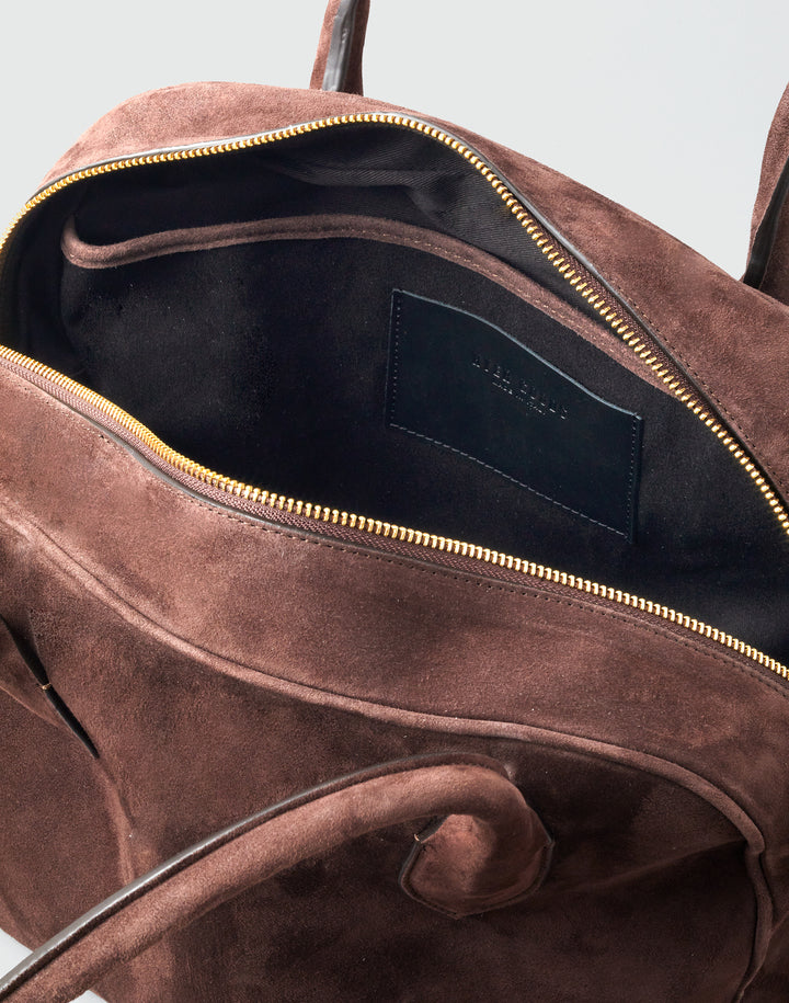 hyer goods autostrada suede leather zip top bowling tote  bag#color_chocolate-suede