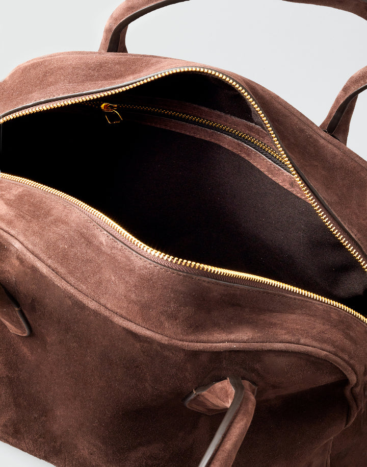 hyer goods autostrada suede leather zip top bowling tote  bag#color_chocolate-suede