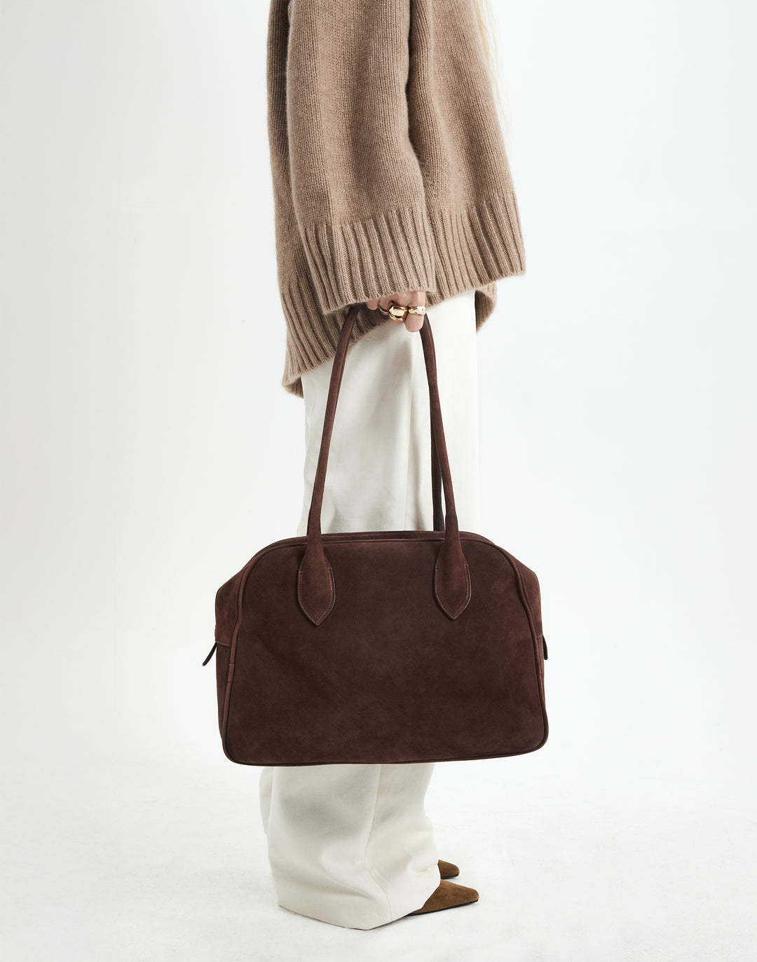 hyer goods autostrada suede leather zip top bowling tote  bag#color_chocolate-suede