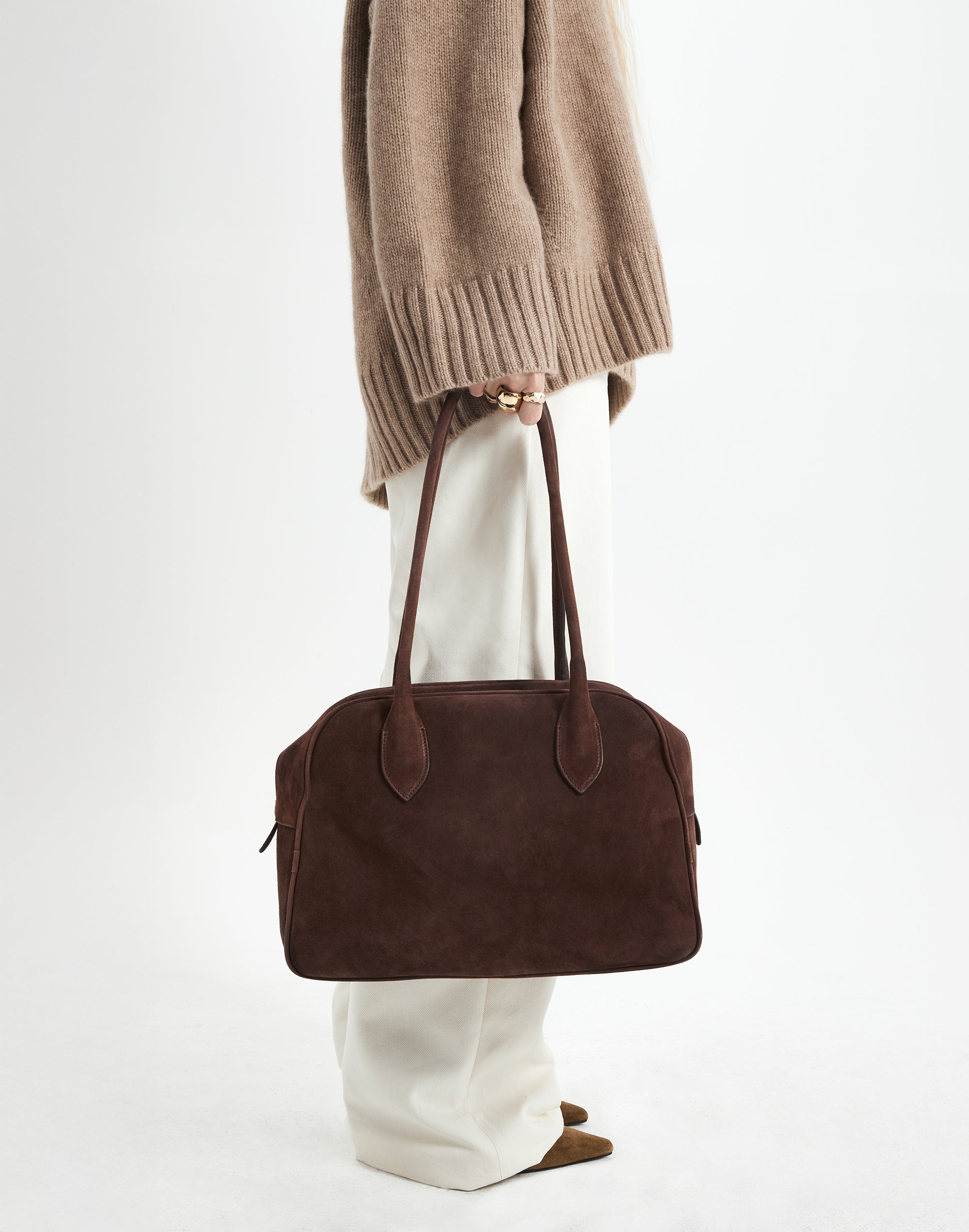 hyer goods autostrada suede leather zip top bowling tote  bag#color_chocolate-suede