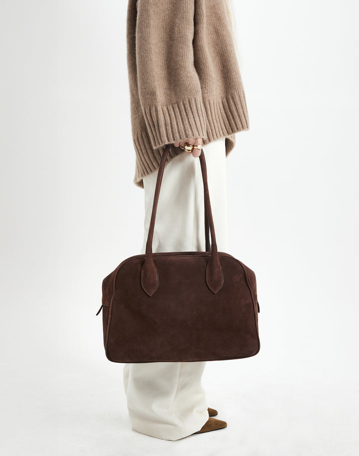 hyer goods autostrada suede leather zip top bowling tote  bag#color_chocolate-suede