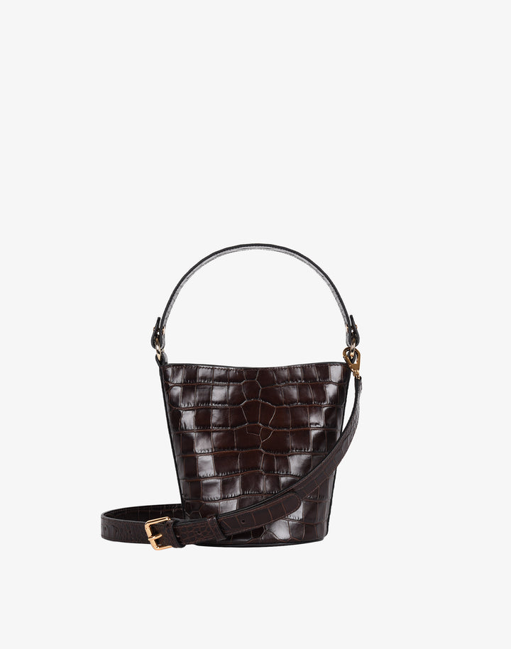 hyer goods recycled leather mini bucket bag chocolate brown croc#color_choco-croco