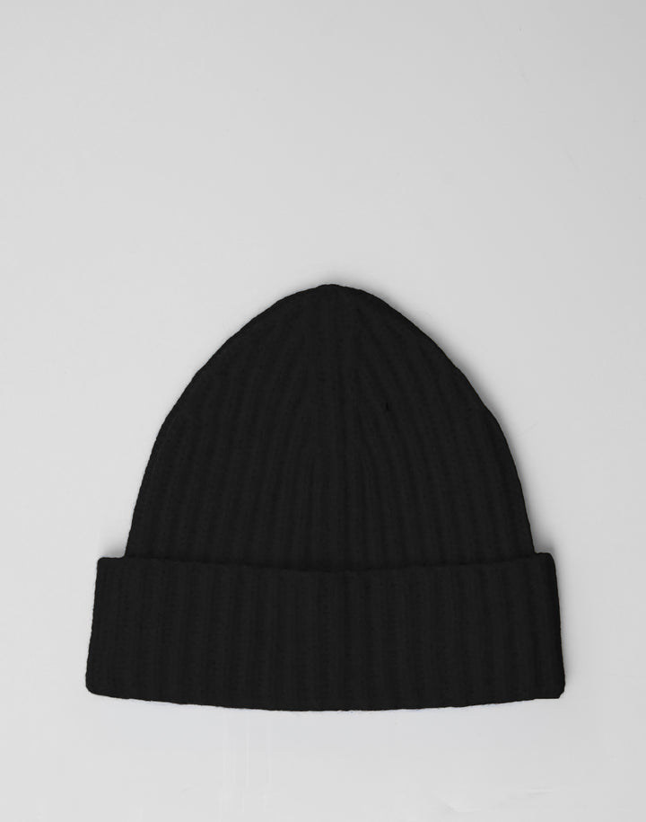 HYER GOODS full cardigan black wool ribbed beanie #color_black