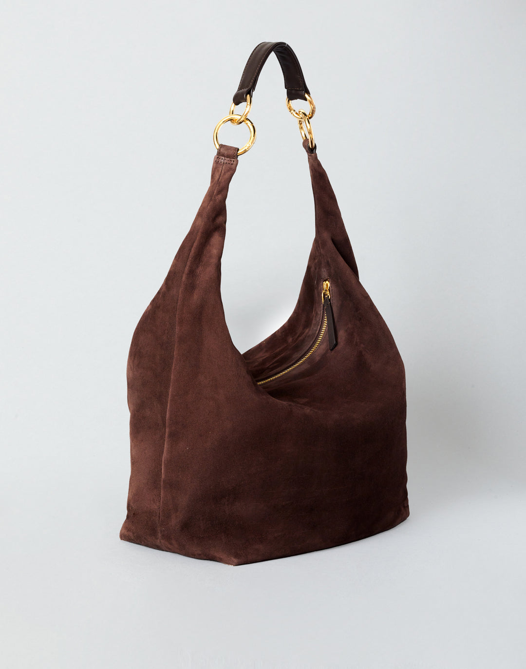 HYER GOODS  oversized suede hobo ring bag black with gold hardware#color_chocolate-suede
