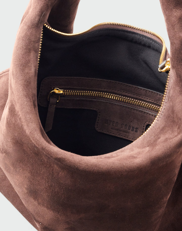 HYER GOODS  oversized suede hobo ring bag black with gold hardware#color_chocolate-suede