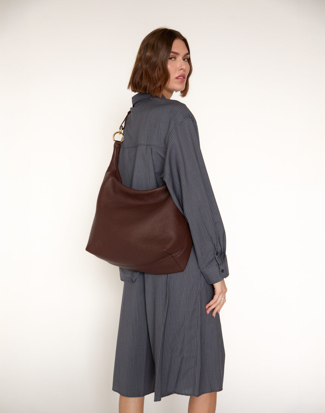 HYER GOODS tumbled leather oversized crossbody hobo ring bag brown#color_brown