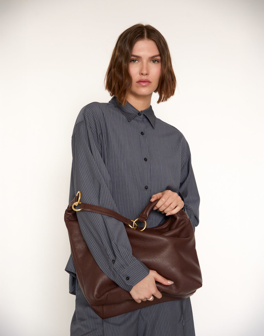 HYER GOODS tumbled leather oversized hobo ring bag brown#color_brown