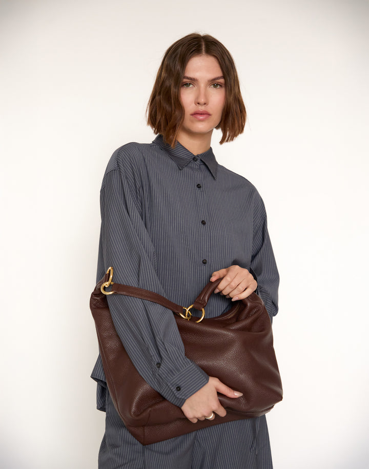 HYER GOODS tumbled leather oversized hobo ring bag brown#color_brown