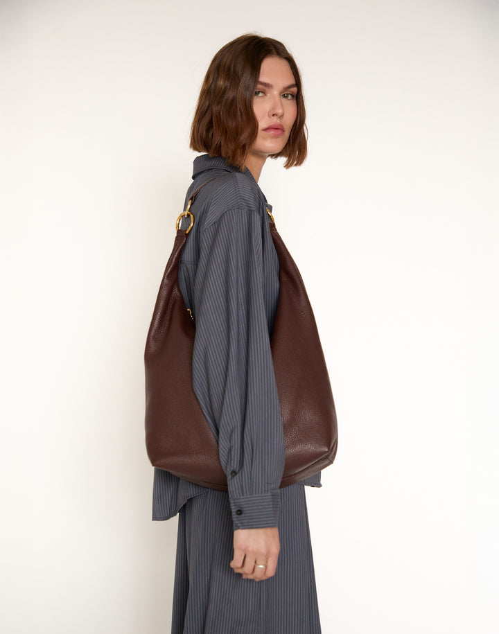 HYER GOODS tumbled leather oversized crossbody hobo ring bag brown#color_brown