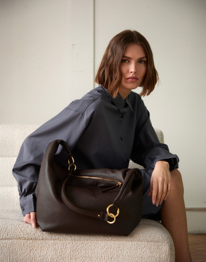 HYER GOODS tumbled leather oversized hobo ring bag black with gold hardware#color_dark-chocolate