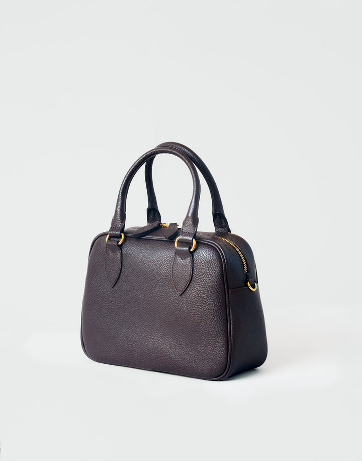hyer goods la corsa dark brown leather bowling bag 3/4 view #color_dark-chocolate