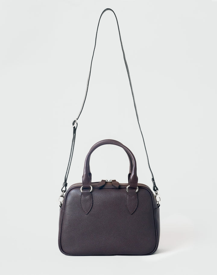 hyer goods la corsa dark brown leather bowling bag front view with crossbody strap dark chocolate with silver hardware #color_dark-chocolate