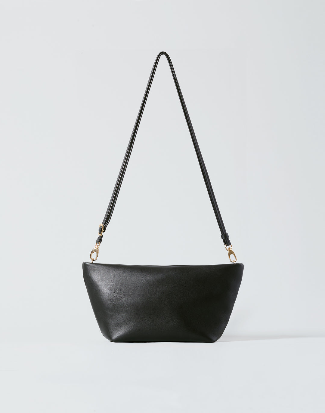 hyer goods la sala minimal convertible shoulder bag front view with long thin strap up in black nappa with gold hardware #color_black-gold