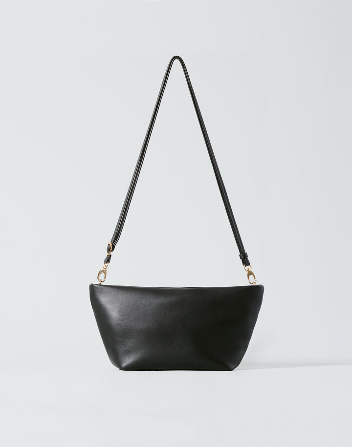 hyer goods la sala minimal convertible shoulder bag front view with long thin strap up in black nappa with gold hardware #color_black-gold