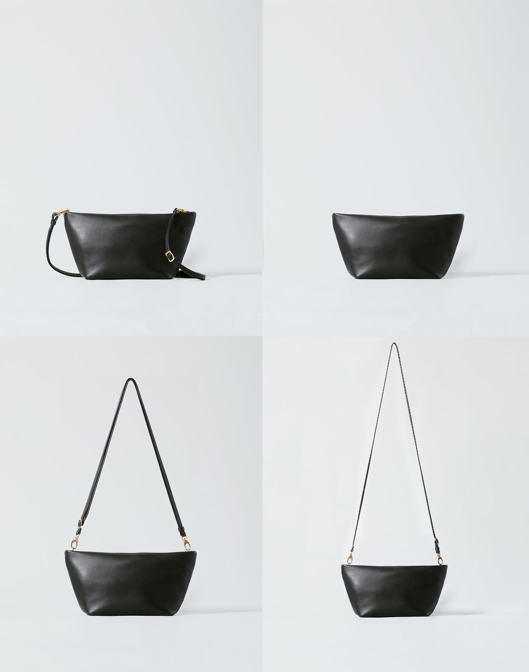 4 images of a HYER GOODS la sala convertible bag, showing how it converts from clutch to shoulder to crossbody bag #color_black-gold