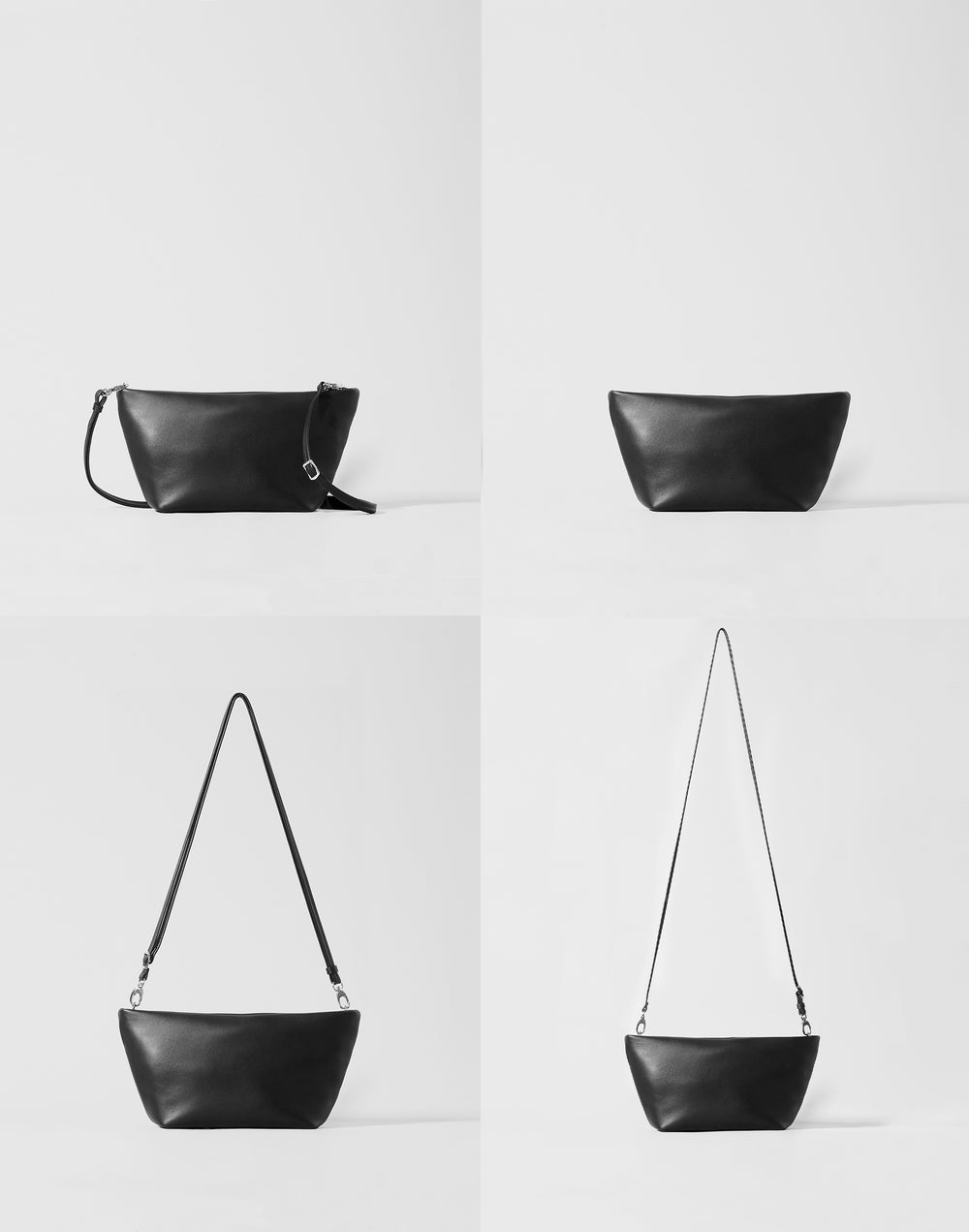 A black leather shoulder bag shown in four studio views on a light gray background: closed from the side with a strap, closed from the front as a clutch, and two additional angles with the strap extended. #color_black-silver