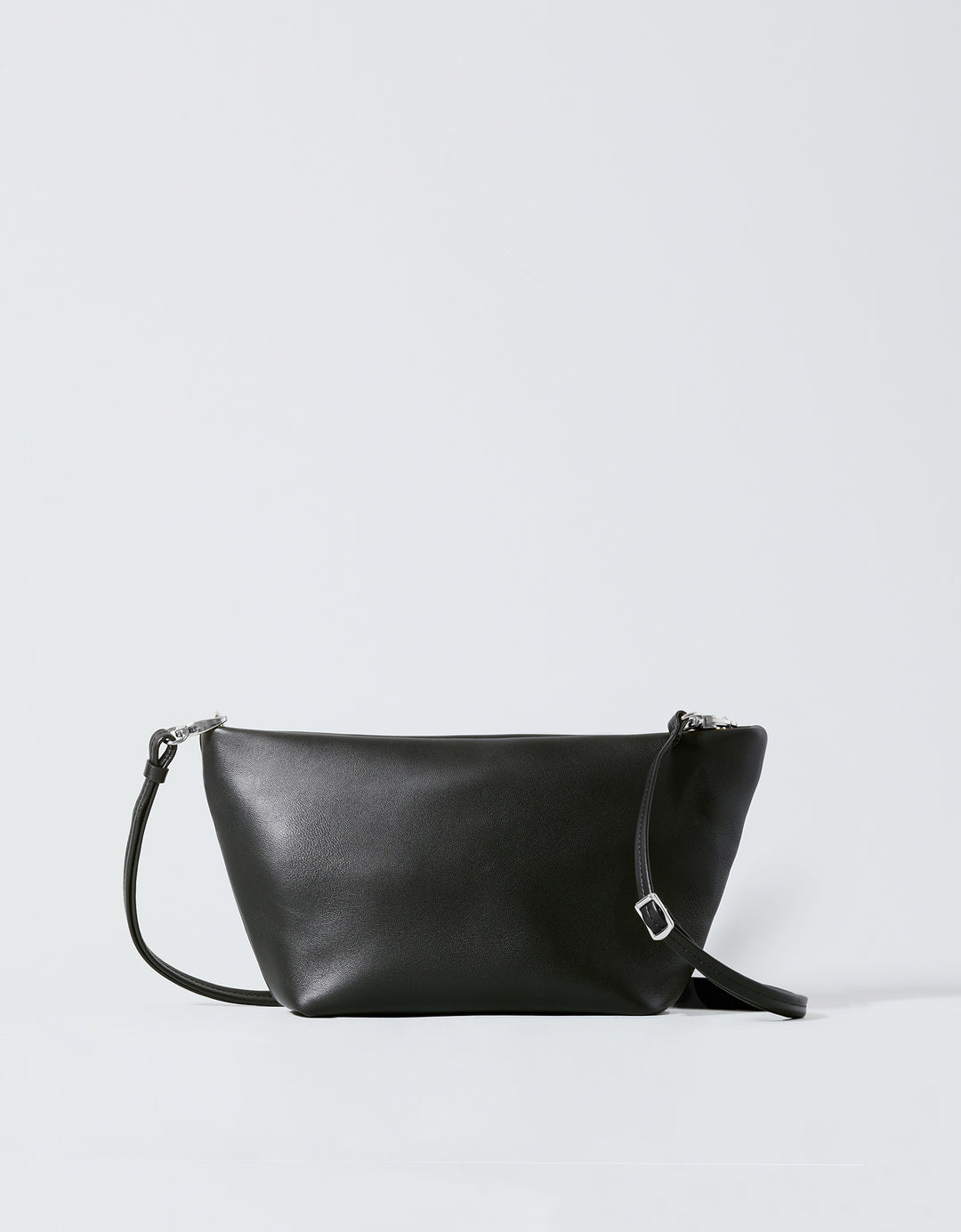 hyer goods la sala minimal convertible shoulder bag front view with long thin strap down in black nappa with silver hardware #color_black-silver