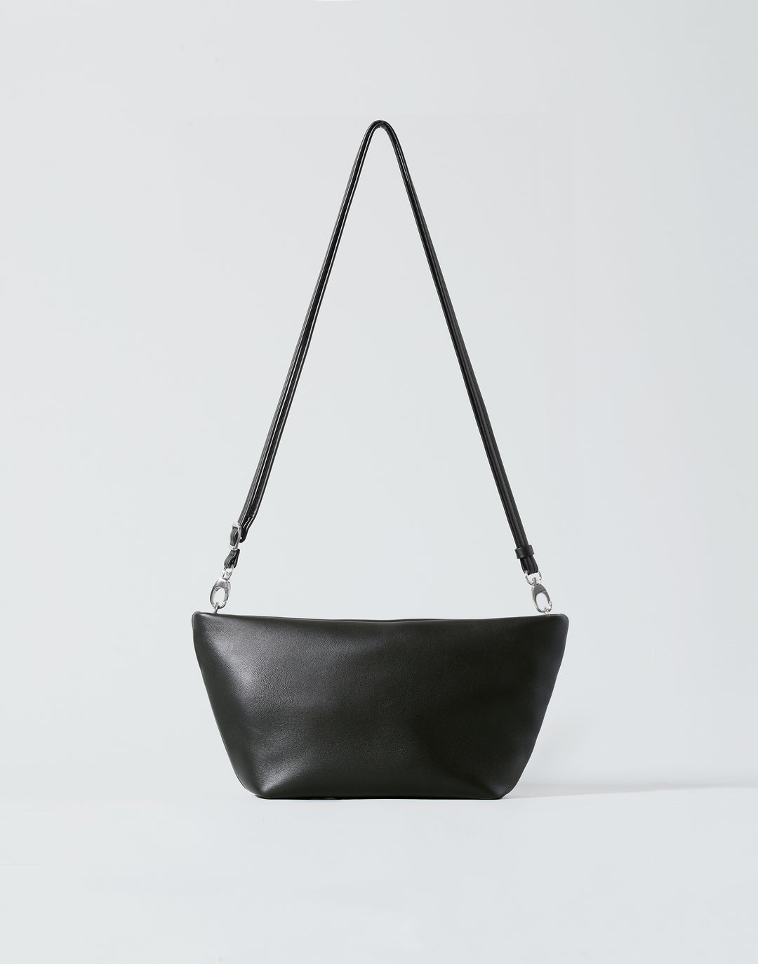 hyer goods la sala minimal convertible shoulder bag front view with long thin shoulder strap up in black nappa with silver hardware #color_black-silver