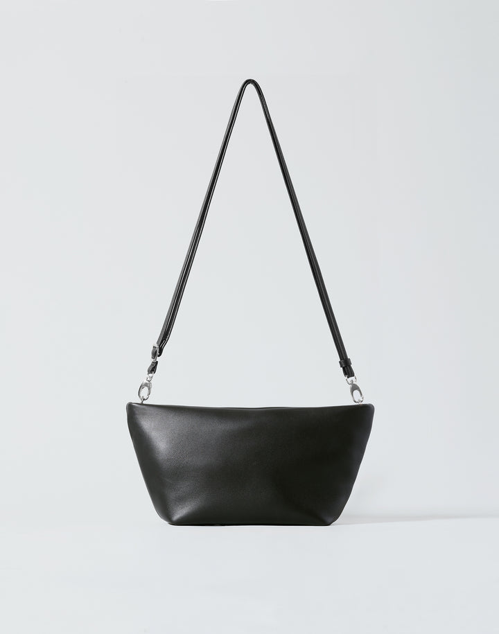 hyer goods la sala minimal convertible shoulder bag front view with long thin shoulder strap up in black nappa with silver hardware #color_black-silver