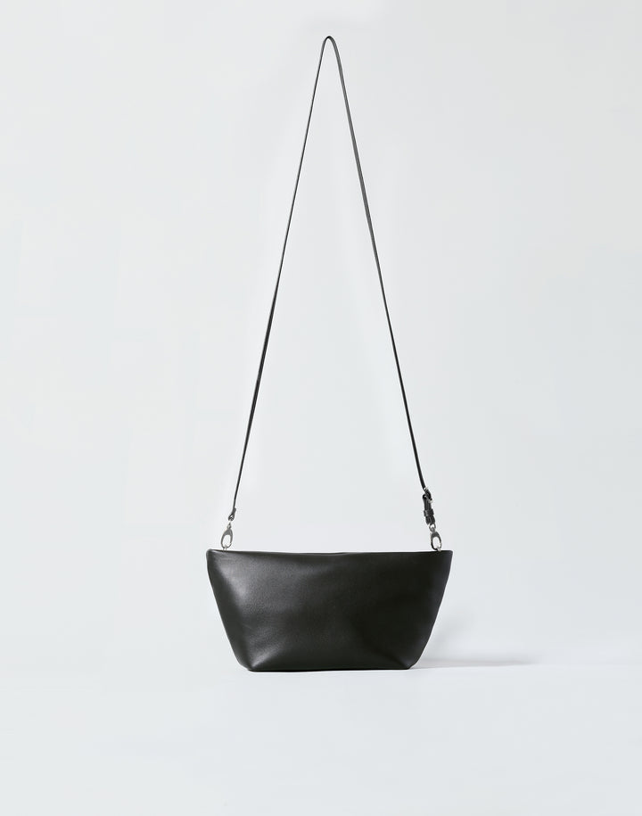 hyer goods la sala minimal convertible shoulder bag front view with elongated thin shoulder strap up in black nappa with silver hardware #color_black-silver