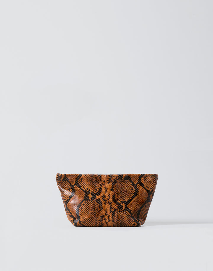 hyer goods la sala minimal shoulder bag  with removable thin strap front with strap removed in brown python with gold hardware #color_tan-python
