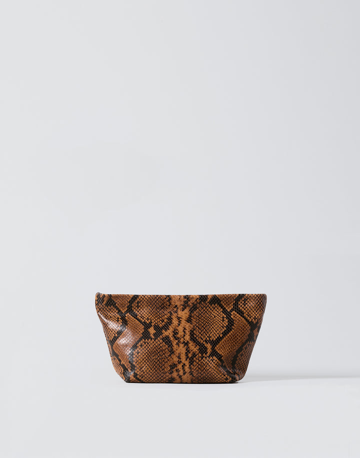 hyer goods la sala minimal shoulder bag  with removable thin strap front with strap removed in brown python with gold hardware #color_tan-python