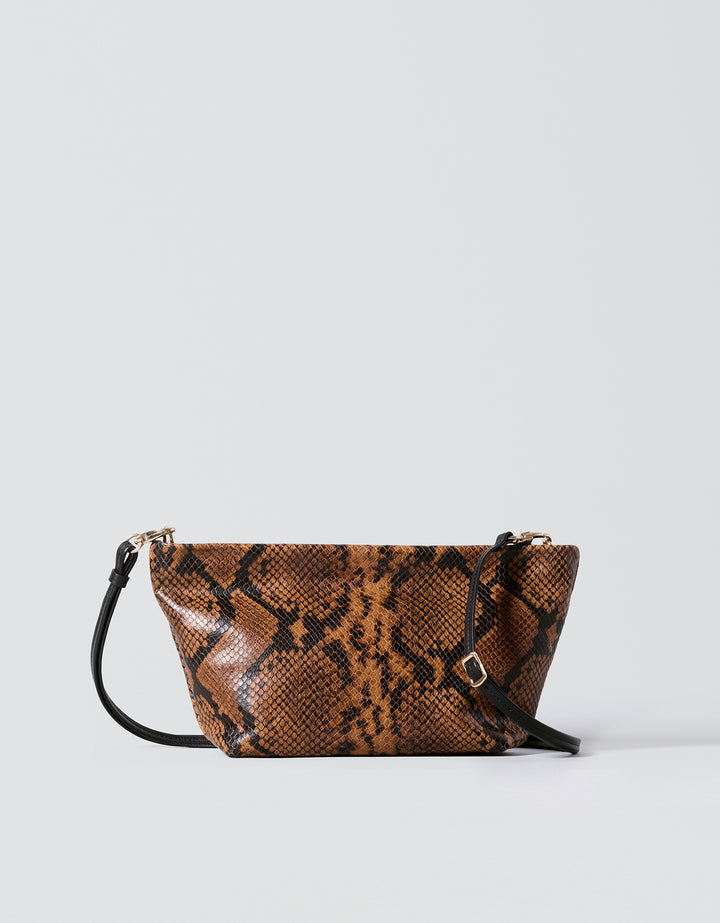 hyer goods la sala minimal shoulder bag  with removable thin strap front with strap down in brown python with gold hardware #color_tan-python