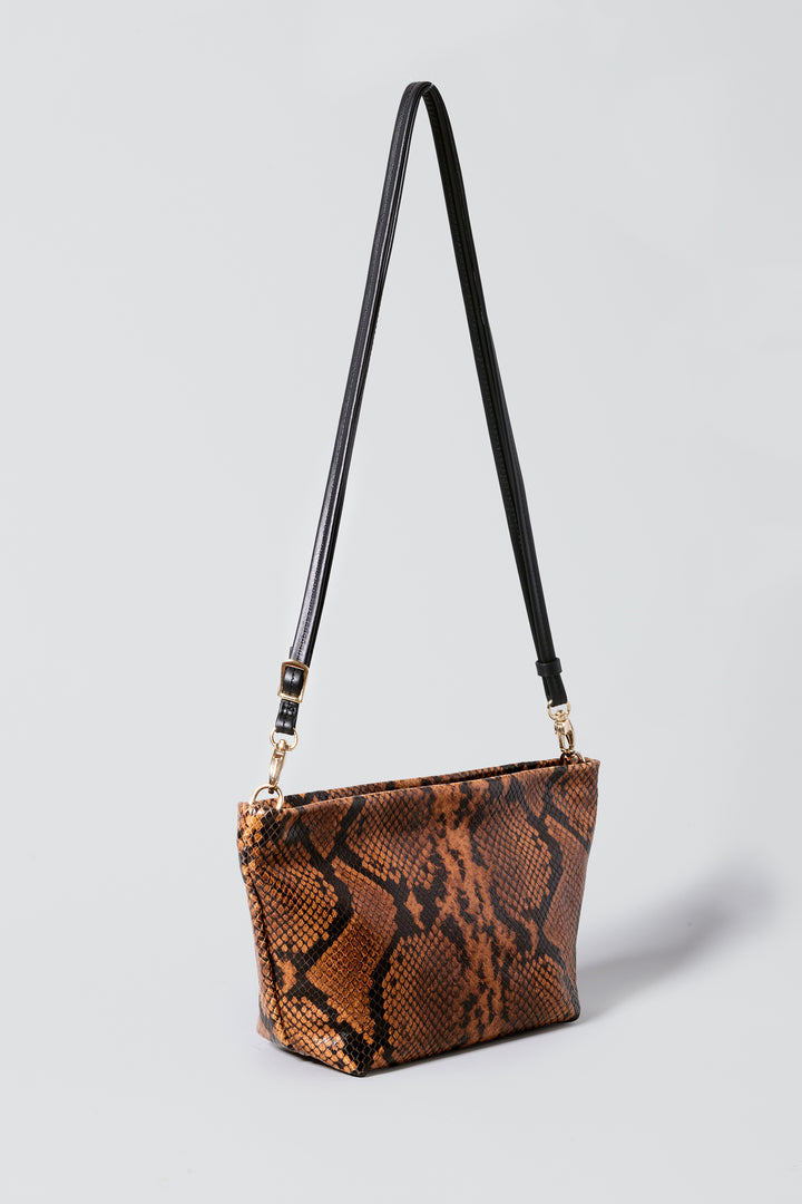 hyer goods la sala minimal shoulder bag  with removable thin strap 3/4 view in brown python with gold hardware #color_tan-python