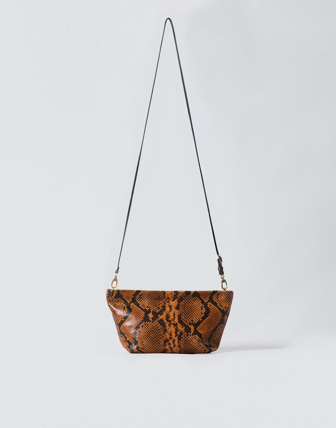 hyer goods la sala minimal shoulder bag  with removable thin strap front with elongated strap in brown python with gold hardware #color_tan-python