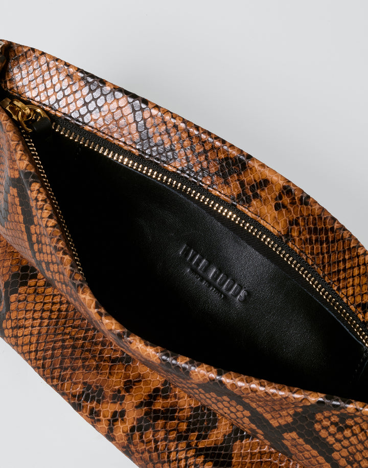 hyer goods la sala minimal shoulder bag  with removable thin strap inside slip pocket in brown python with gold hardware #color_tan-python