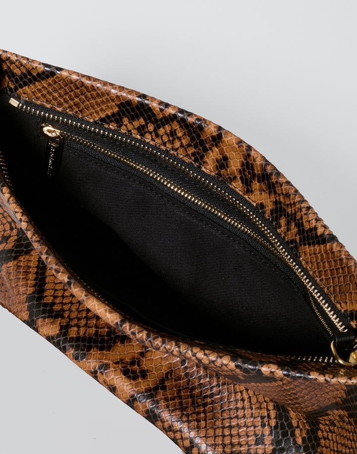 hyer goods la sala minimal shoulder bag  with removable thin strap inside zip pocket in brown python with gold hardware #color_tan-python
