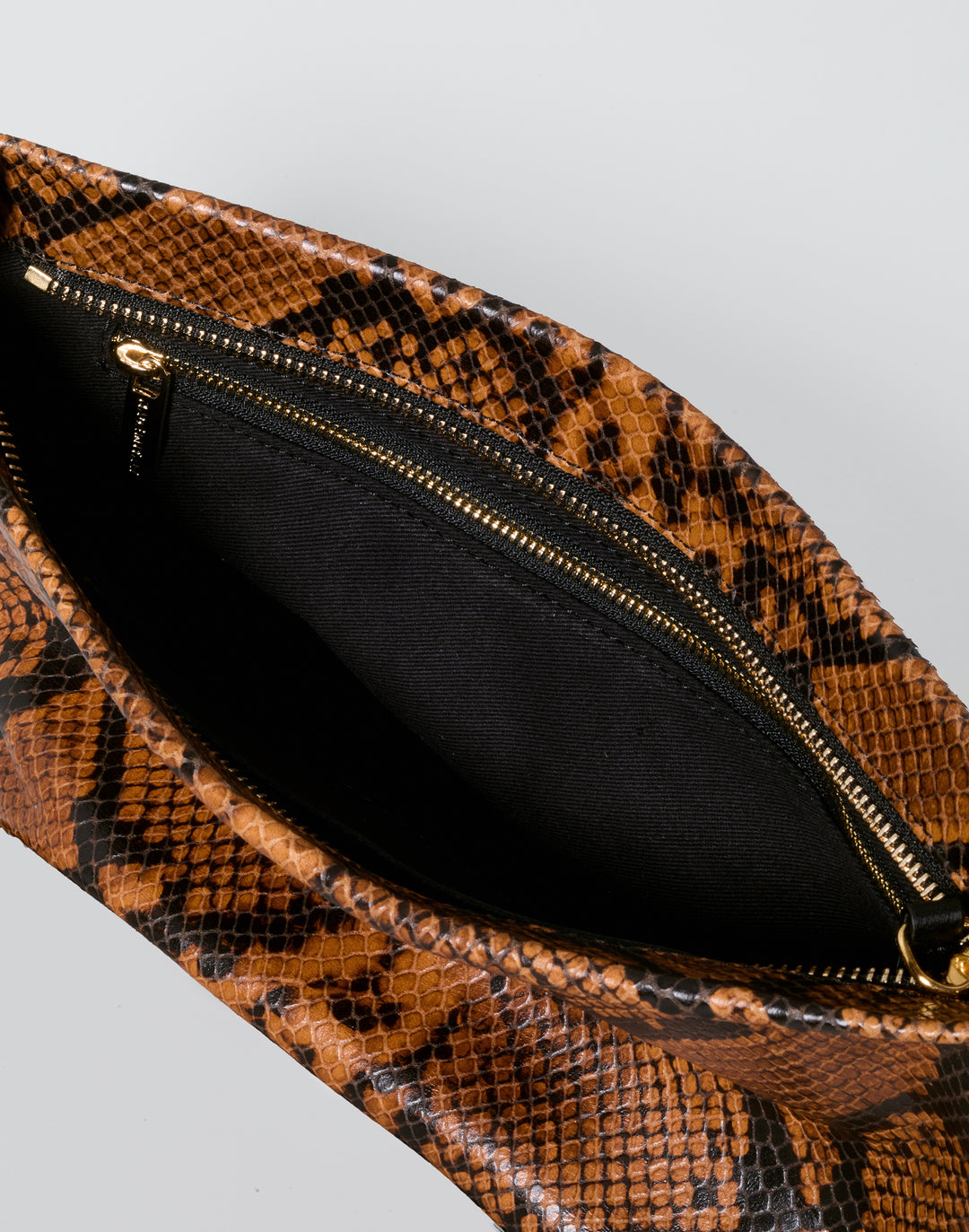 hyer goods la sala minimal shoulder bag  with removable thin strap inside zip pocket in brown python with gold hardware #color_tan-python
