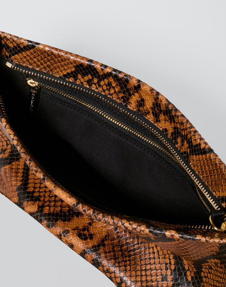 hyer goods la sala minimal shoulder bag  with removable thin strap inside zip pocket in brown python with gold hardware #color_tan-python
