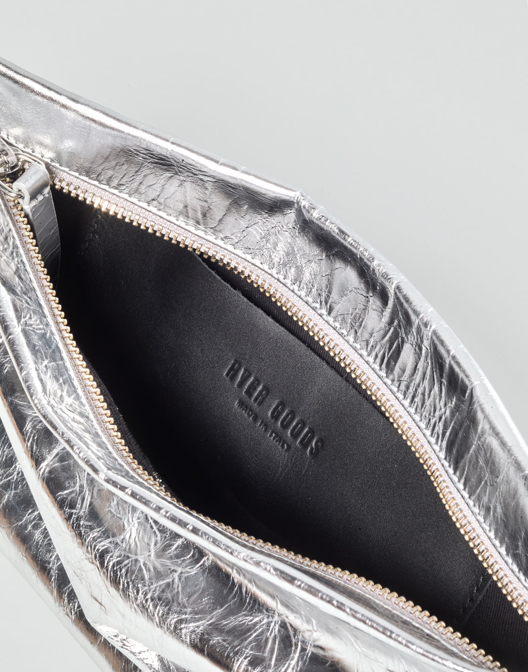 hyer goods la sala minimal convertible shoulder bag in silver nappa with silver hardware inside #color_silver
