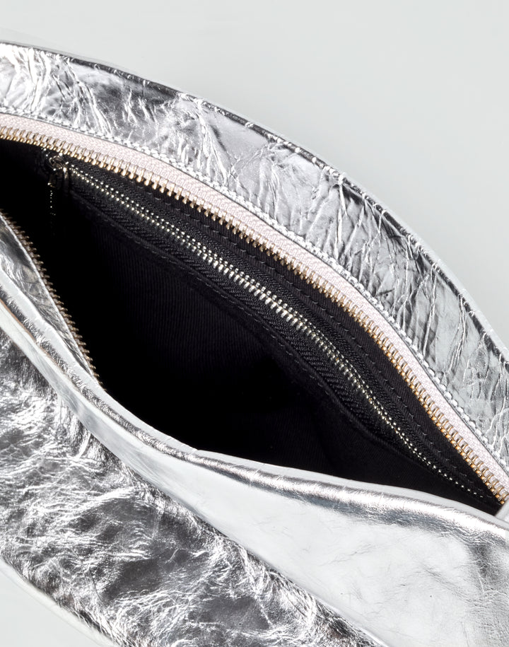 hyer goods la sala minimal convertible shoulder bag in silver nappa with silver hardware inside #color_silver