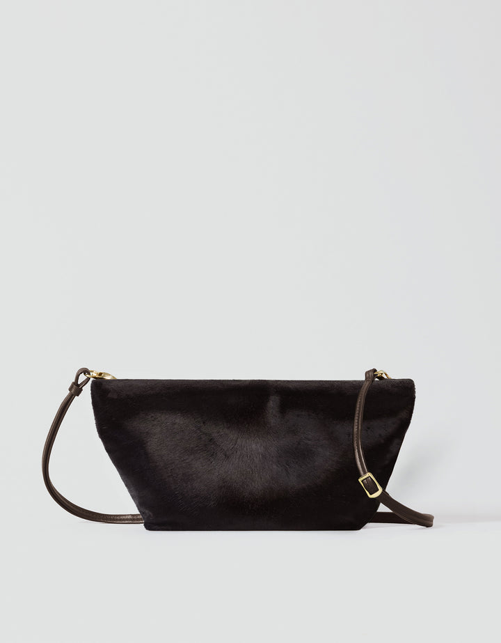 HYER GOODS La Sala mini convertible shoulder bag in dark chocolate pony hair #color_dark-chocolate-pony